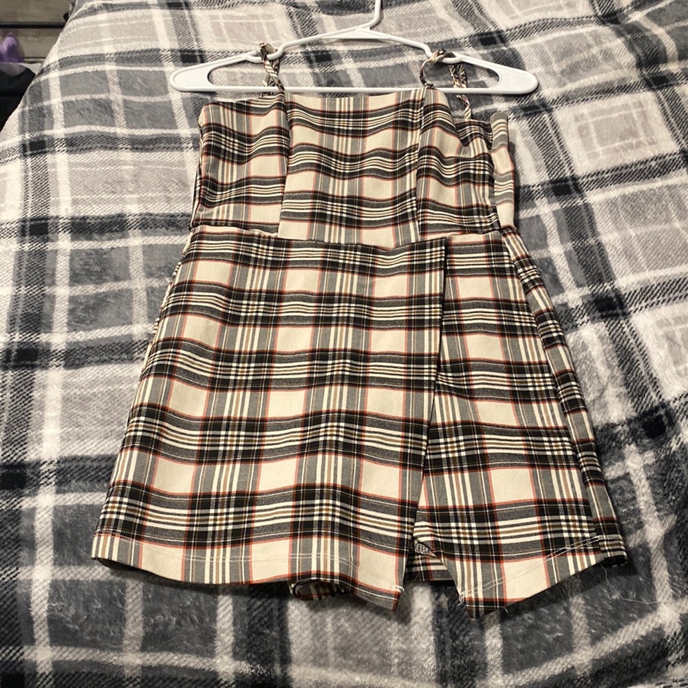 Sleeveless plaid dress with built in shorts